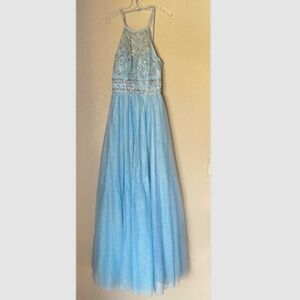 Windsor Dress Sz S Light blue with beaded bodice halter top maxi princess prom